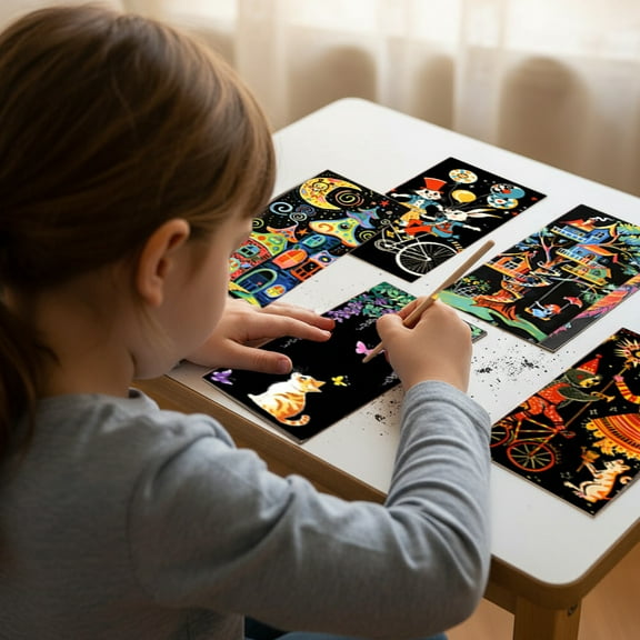 Orangide Scratchboard Crafts for Kids and Adults Paper Colorful Engraving Painting Scenario Set 12 Sheets with 1 Tool