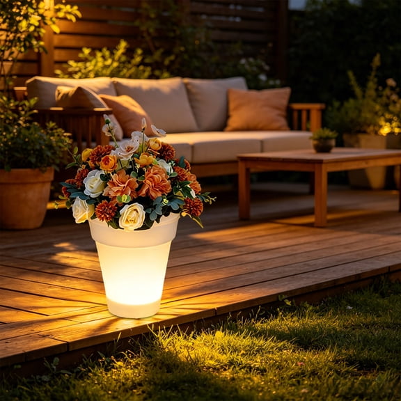 Orangide Solar Flower Pot Light with Faux Greenery, Waterproof LED Garden Stake Lamp for Patio, Yard, Pathway, Lawn, and Outdoor Landscape Fall Decoration