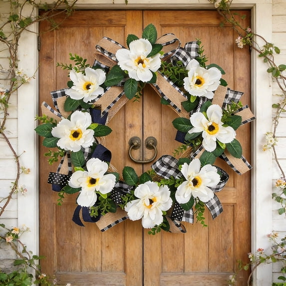 Orangide Spring Wreath, Artificial Green Leaves and Flowers Wreath for Front Door, Indoor Outdoor Home Garden Party Decoration