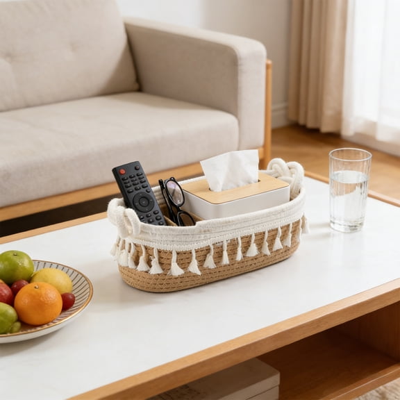 Orangide Storage Basket, Macrame Woven Rope Makeup Organizer with Tassels and Twist Handles, Oval Cosmetic Storage Basket for Perfumes and Skincare, Boho Bedroom and Bathroom Desk Decor