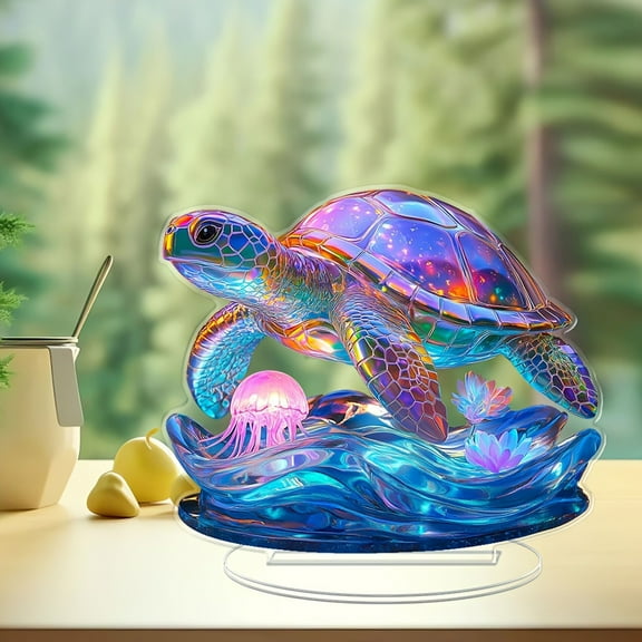 Orangide Summer Turtle Jellyfish Figurines 2D Flat Ocean Theme Decor Acrylic Table Ornament for Home Desk Shelf Aquarium Fish Tank Decoration