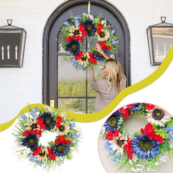 Orangide Sunflower Wreath Artificial Simulation Flower Wreath Door Hanging Home Garden Decoration Commemorative Day Front Door Spring Summer Decor