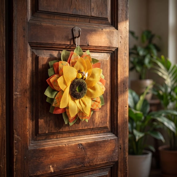 Orangide Sunflower Wreath Decor Artificial Silk Flower with Bee Decor for Front Door Spring Summer Fall Harvest Thanksgiving Display