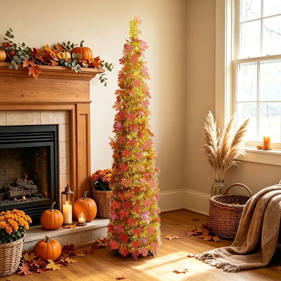 Orangide Thanksgiving Tinsel Tree 59 in Fall Orange Maple Leaf Foldable Pencil Tree with Metal Stand Indoor Holiday Decor Ornament