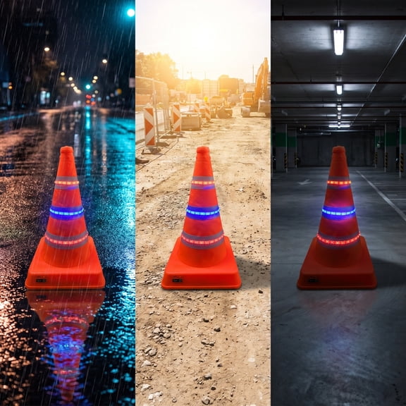 Orangide Traffic Safety Cone with Retractable Road Barricade, 3 Reflective Strips & Colorful LED Lights, Portable Foldable Emergency Hazard Warning for Car Roadside