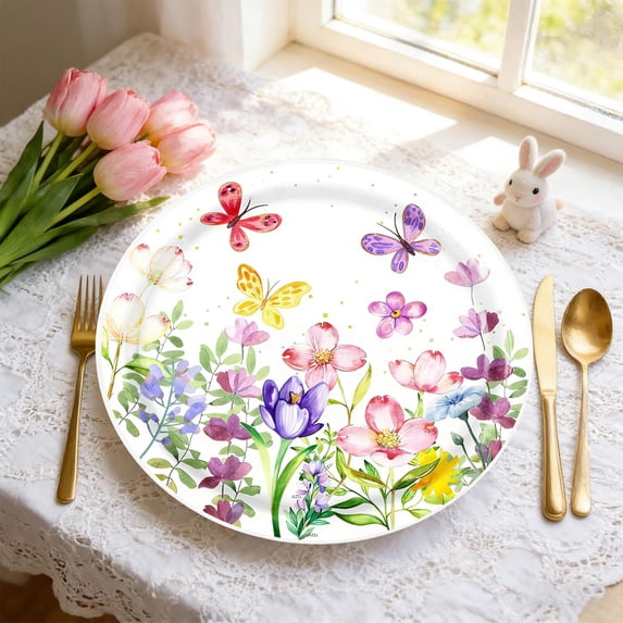 Orangide Tulip Party Tableware Set Disposable 7-Inch and 9-Inch Paper Plates Cups Napkins Floral Theme for Spring Easter Birthday Celebration Decor (16 PCS 7-In Plate)