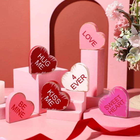 Orangide Valentine's Day Decoration, 6 PCS Conversation Hearts Wooden Table Decor Signs, Durable Decoration Set, Classic Galentines Day Decorations for the Home Office Mantel Shelf Gift