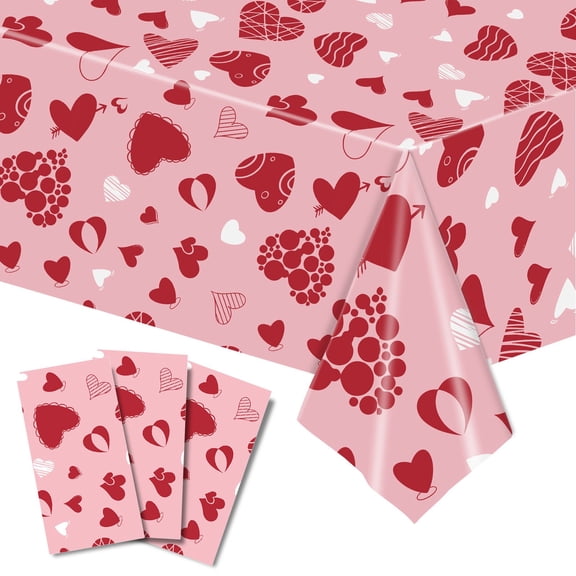 Orangide Valentine's Day Disposable Waterproof Tablecloth, Red Heart Pattern Plastic Table Cover for Party Decor, 54 x 108 Inches Tear Resistant Sheet for Photo Background Picnic, 3-Pack