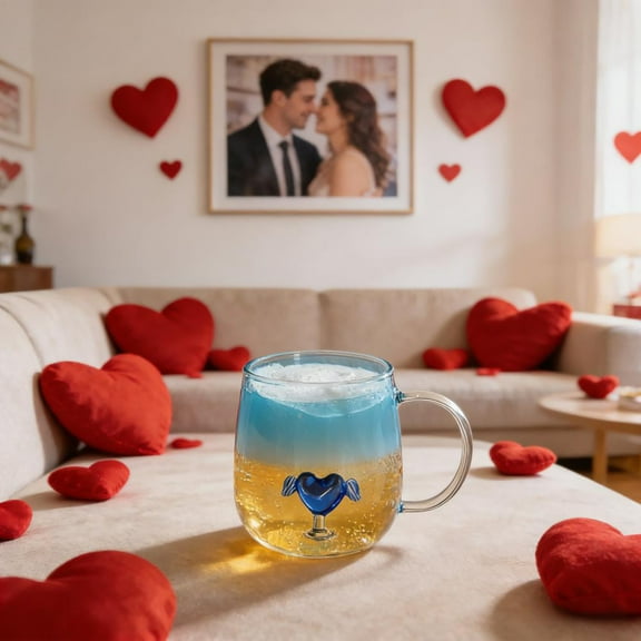 Orangide Valentines Day Heart-shaped Couple's Glass Cup, 3D Love Heart Inside Tea Cup 26 oz, Romantic Gift for Him or Her Birthday, Valentines Day, Anniversary, Wedding