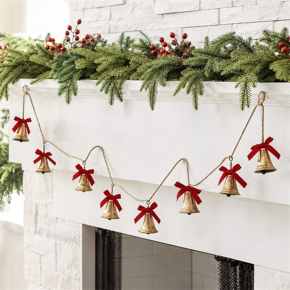 Orangide Vintage Bells Garland with Red Bows, Rustic Jute Rope Hanging Decor for Fireplace Mantel Window Staircase Christmas Home
