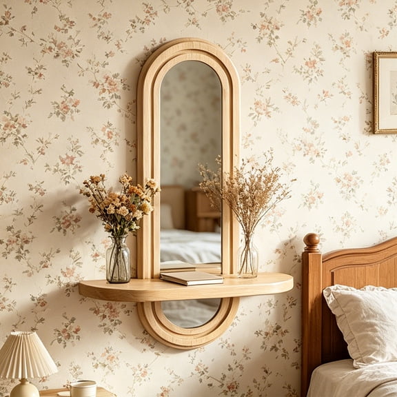 Orangide Wall Mirror With Built In Shelf Layered Natural Wood Frame Decorative Mount For Entryway Bathroom Living Room Farmhouse Style
