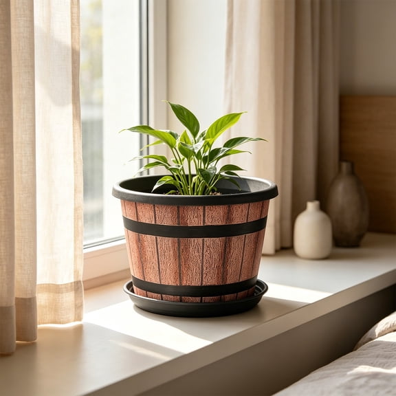 Orangide Whiskey Barrel Planter with Drainage Tray 8 Inch Vintage Style for Patio Garden Balcony Decor Rustic Farmhouse Outdoor Indoor Large