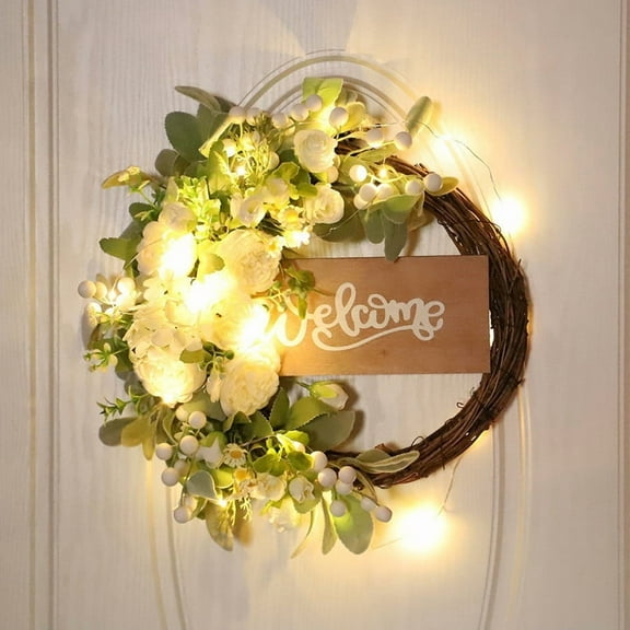 Orangide Wooden Flower Wreath with LED Lights Artificial Floral Door Hanging, Spring Summer Welcome Home Decor Indoor Outdoor, Battery Operated Front Door Wall Seasonal Decoration