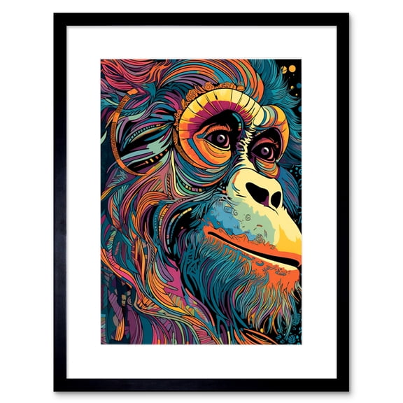 Orangutan Ape Acrylic Painting Colourful Psychedelic Colours Rainforest Orange Teal Artwork Framed Wall Art Print 9X7 Inch