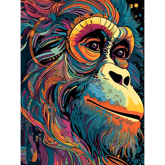 Orangutan Ape Acrylic Painting Colourful Psychedelic Colours Rainforest Orange Teal Large Wall Art Poster Print Thick Paper 18X24 Inch
