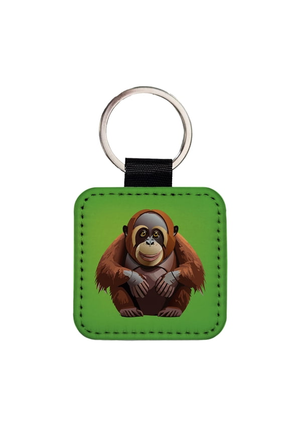 Orangutan Great Ape Sitting Faux Leather Square Keychain