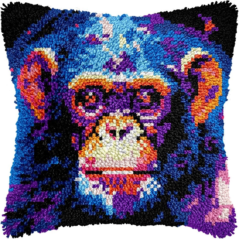 Orangutan Latch Hook Pillow Kits for DIY Handmade Throw Pillow Cushion Embroidery Latch Hooking Pillowcase Kits with Preprinted Canvas Crochet Yarn Kits 17''X 17''(g168)
