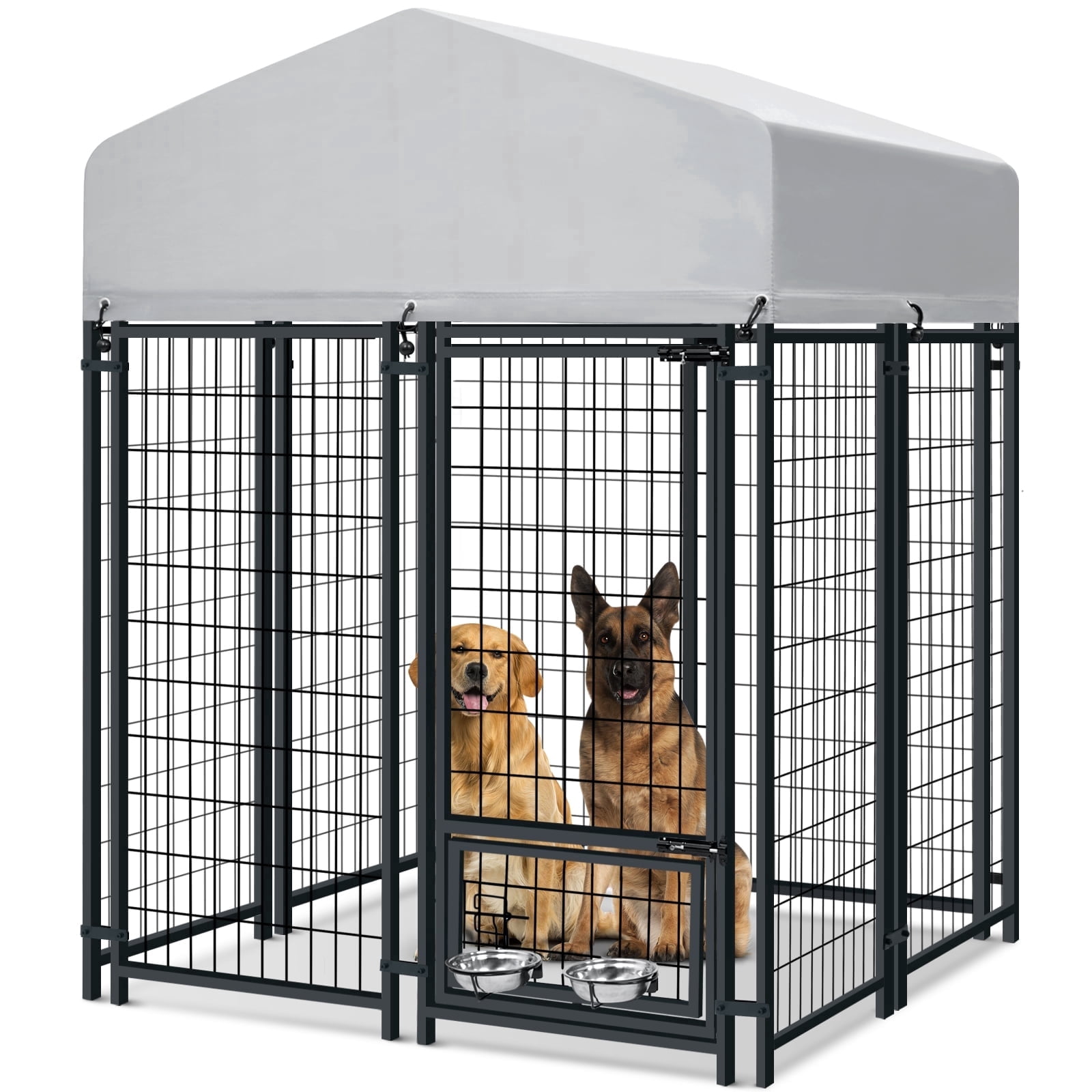 Oranland 4'x 4'x 6' Outdoor Large Dog Kennel, Welded Rectangular Dog Pens Cage with Waterproof Cover, Dog Playpen with 2 Rotating Bowls & Secure Lock for Patio, Garden, Backyard