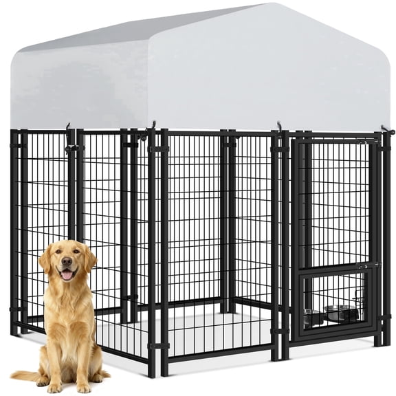 Oranland 4 x4 x5FT Outdoor Large Dog Kennel, Heavy Duty Modular Dog Cage with Waterproof Cover, Dog Playpen with 2 Rotating Bowls & Secure Lock for Patio, Garden, Backyard