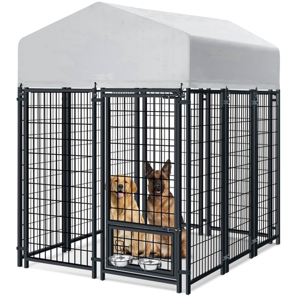 Oranland 6'x 4'x 6' Outdoor Large Dog Kennel, Welded Rectangular Dog Pens Cage with Waterproof Cover, Dog Playpen with 2 Rotating Bowls & Secure Lock for Patio, Garden, Backyard