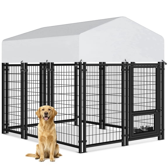 Oranland 6 x4 x5FT Outdoor Large Dog Kennel, Heavy Duty Modular Dog Cage with Waterproof Cover, Dog Playpen with 2 Rotating Bowls & Secure Lock for Patio, Garden, Backyard