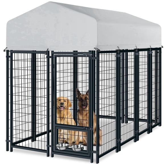 Oranland 8'x 4'x 6' Outdoor Dog Kennel for Large Dogs, Welded Rectangular Dog Pens Cage with Waterproof Cover, Dog Playpen with 2 Rotating Bowls & Secure Lock, Outdoor Dog Kennel For Garden, Backyard