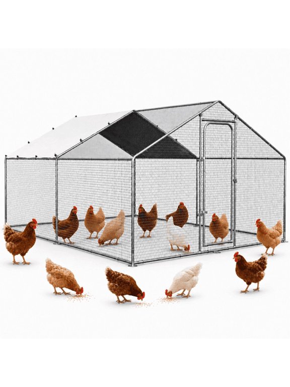 9.9'x 9.9'x 6.5' Large Metal Chicken Coop Run, Waterproof & Anti-UV Peak Cover for Backyard, Farm,Walk-in with Galvanized Hardware