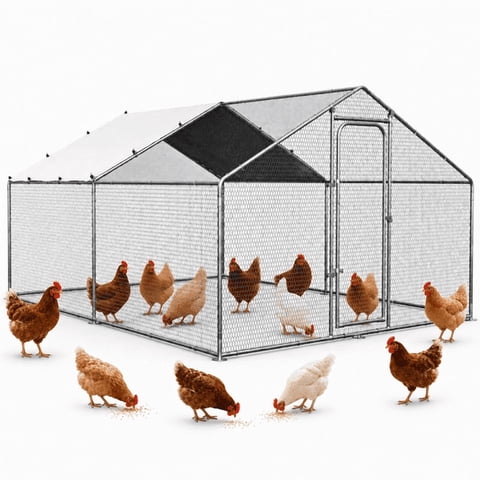 Oranland 9.9'x 9.9'x 6.5' Large Metal Chicken Coop Run, Waterproof & Anti-UV Peak Cover for Backyard, Farm,Walk-in with Galvanized Hardware