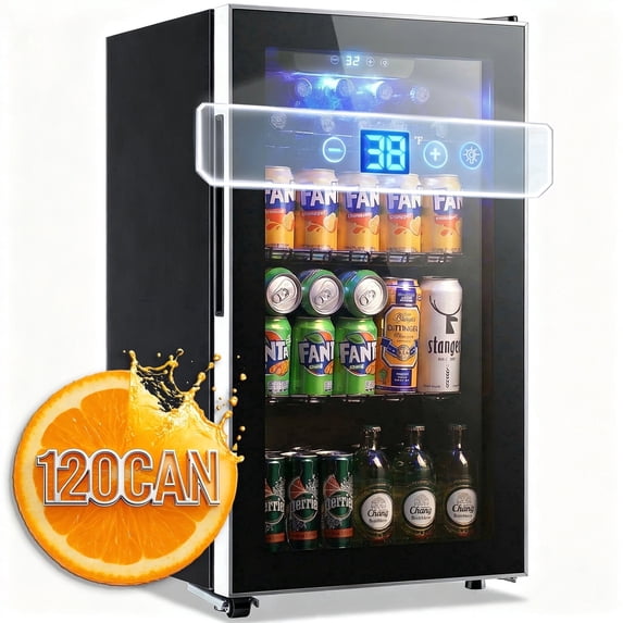 JIEJIA Mini Fridge with Touch Control Panel, 120-Can Small Beverage Refrigerators with Glass Door and Removable Shelves for Soda Beer or Wine, 3.5 Cu.ft
