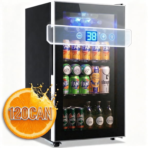JIEJIA Mini Fridge with Touch Control Panel, 120-Can Small Beverage Refrigerators with Glass Door and Removable Shelves for Soda Beer or Wine, 3.5 Cu.ft