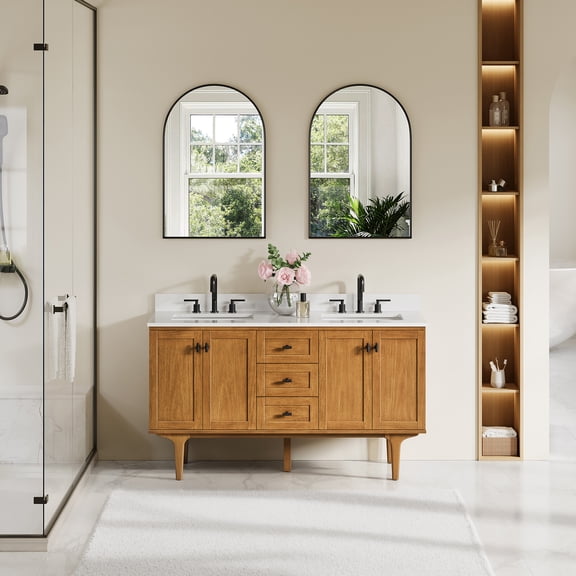 Orasia 60" Wood Vanity Mango Brown Calacatta Mist White Quartz Top no Mirror