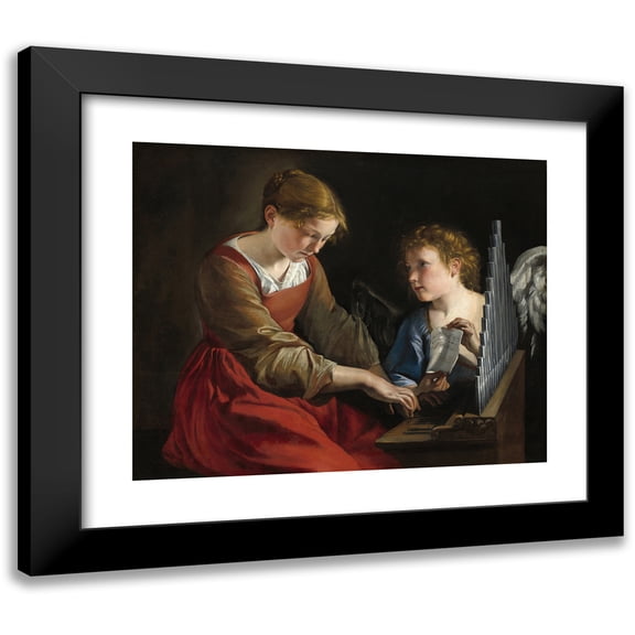 Orazio Gentileschi 14x12 Black Modern Framed Museum Art Print Titled - Saint Cecilia and an Angel (C. 1617-1618 and C. 1621-1627)