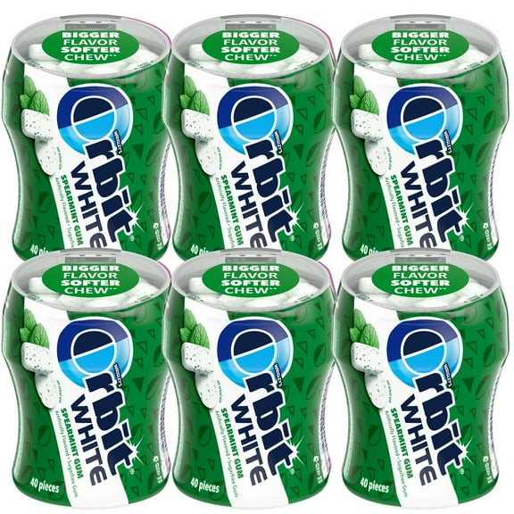Orbit Gum White Spearmint Gum, 40 Piece Bottle (Pack of 6), Sugar Free Chewing Gum