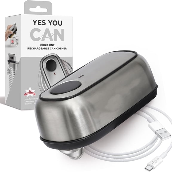 Orbit One Stainless Steel Rechargeable Electric Can Opener: Hands-free, USB-C Charging, Automatic Stop, Smooth Edge, Safety, Blade for Large Cans, Heavy Duty, Soda Can and Pop Can