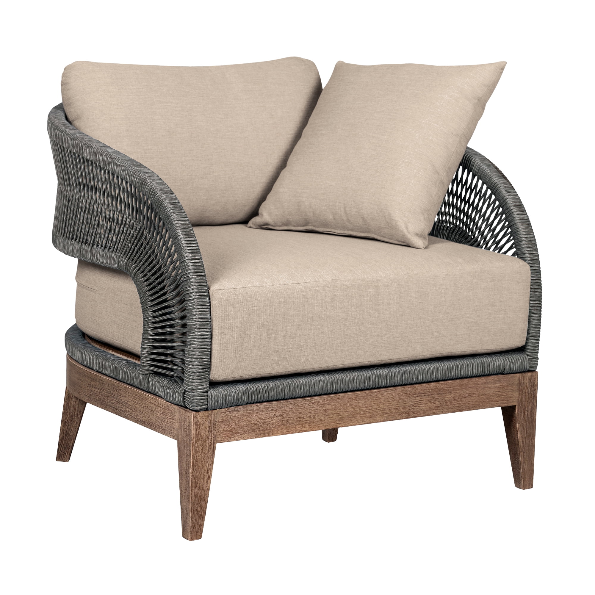 Orbit Eucalyptus Wood Outdoor Chair with Gray Rope and Taupe Cushions