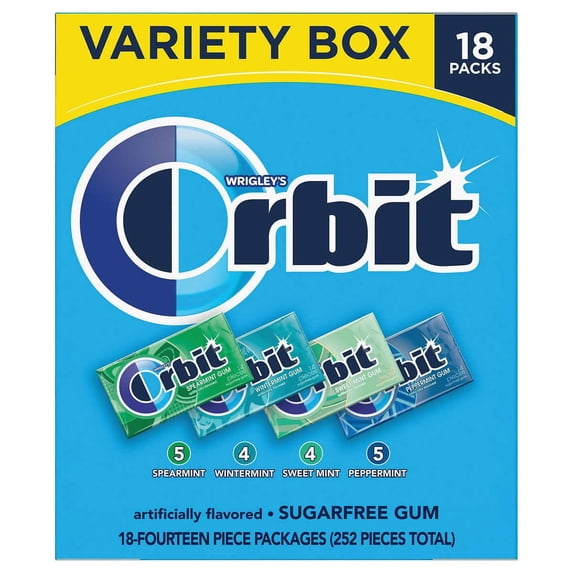 Wrigley Orbit Sugarfree Gum 18 Pack Mint Variety Box with Spearmint, Wintermint, Sweet Mint, and Peppermint