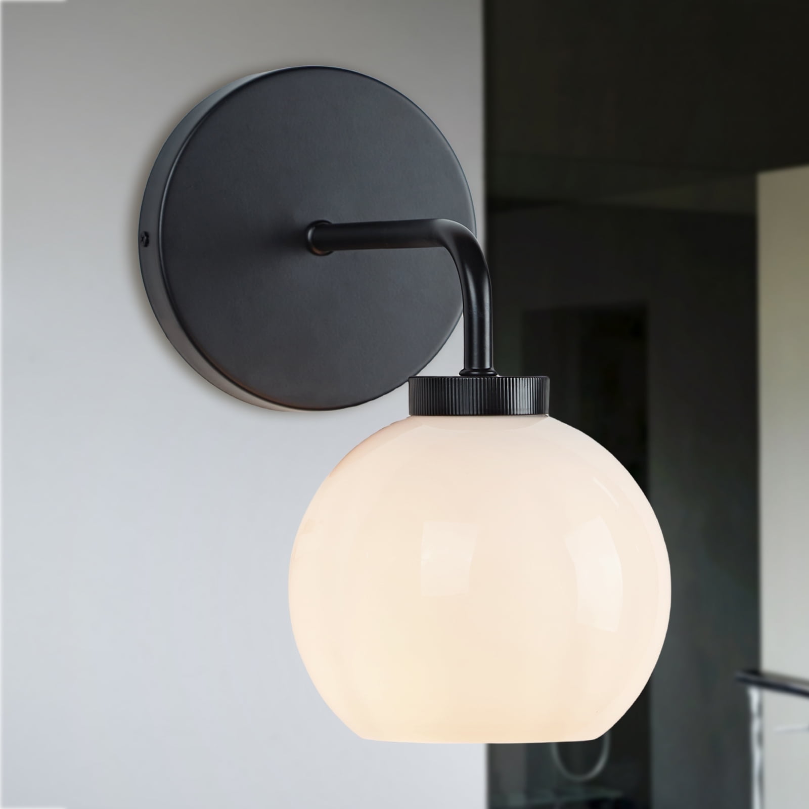 Blown Glass Steel Frame Antique Single Sconce, Wall Light for Bedroom with Black Milk, Bronze/Chrome/Matte Black Finishes, Outdoor Light Fixture