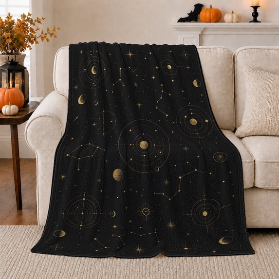 Orbital Planet Diagrams With Stars And Constellations, Soft Flannel Blanket with Astronomical Diagram Illustration Print, Housewarming Gift and Home Decor for Bedroom and Living Room