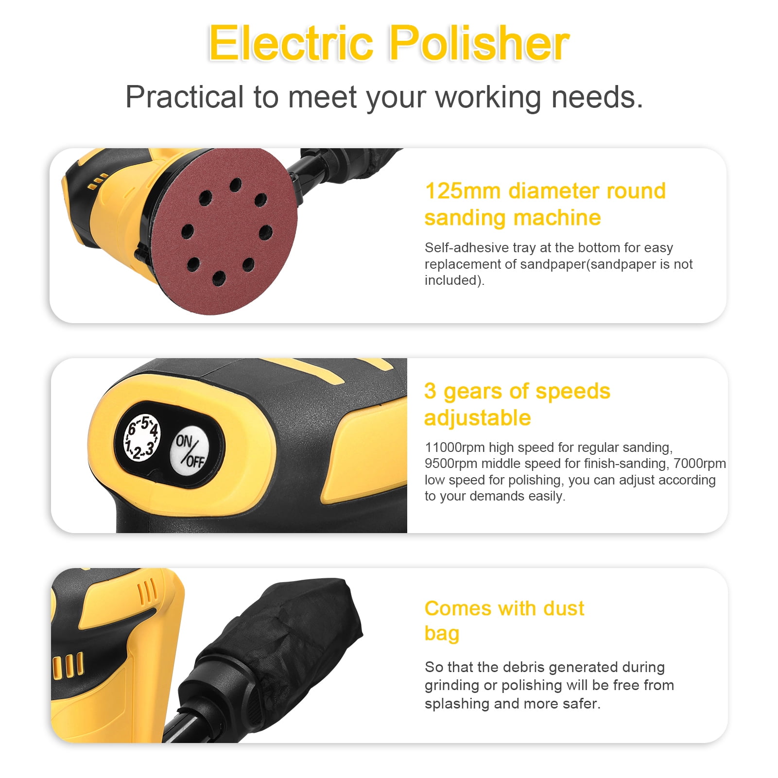 Orbital Sander,6 Wood Polisher Wood Orbital Sander 125mm Motor Orbital Wood Tool Wood Metal Car Polisher Orbital Wood Tool Car Speed Adjustable Orbital Tool 6 125mm Sander Wood Speed