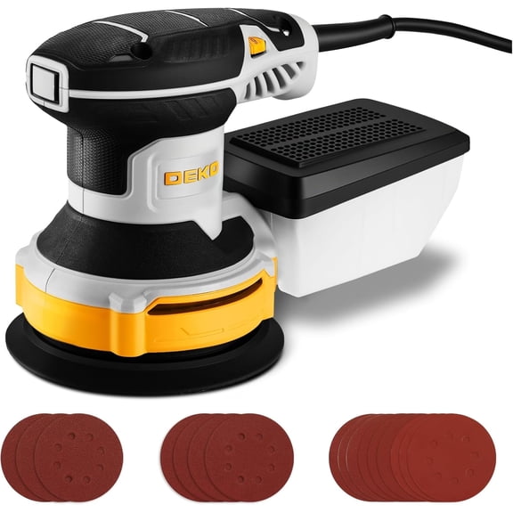 DEKOPRO Palm Orbital Handheld Round Sander, Electric Tool with 16 Sandpapers, 14000RPM, 5-Inch, Dust Box for Woodworking