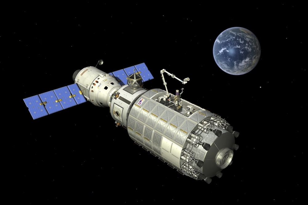 Orbital maintenance platform in high Earth orbit Canvas Art - Walter MyersStocktrek Images (35 x 24)