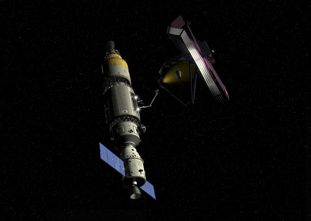 Orbital maintenance platform rendezvous with the James Webb Space Telescope Canvas Art - Walter MyersStocktrek Images (34 x 24)