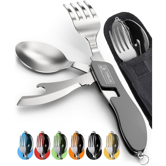 Orblue 4-in-1 Camping Utensils, 2-Pack - Portable Stainless Steel Spoon, Fork, Knife & Bottle Opener Combo Set - Travel, Backpacking Cutlery Multitool, Gray