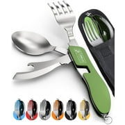 Orblue 4-in-1 Camping Utensils, 2-Pack - Portable Stainless Steel Spoon, Fork, Knife & Bottle Opener Combo Set - Travel, Backpacking Cutlery Multitool, Green