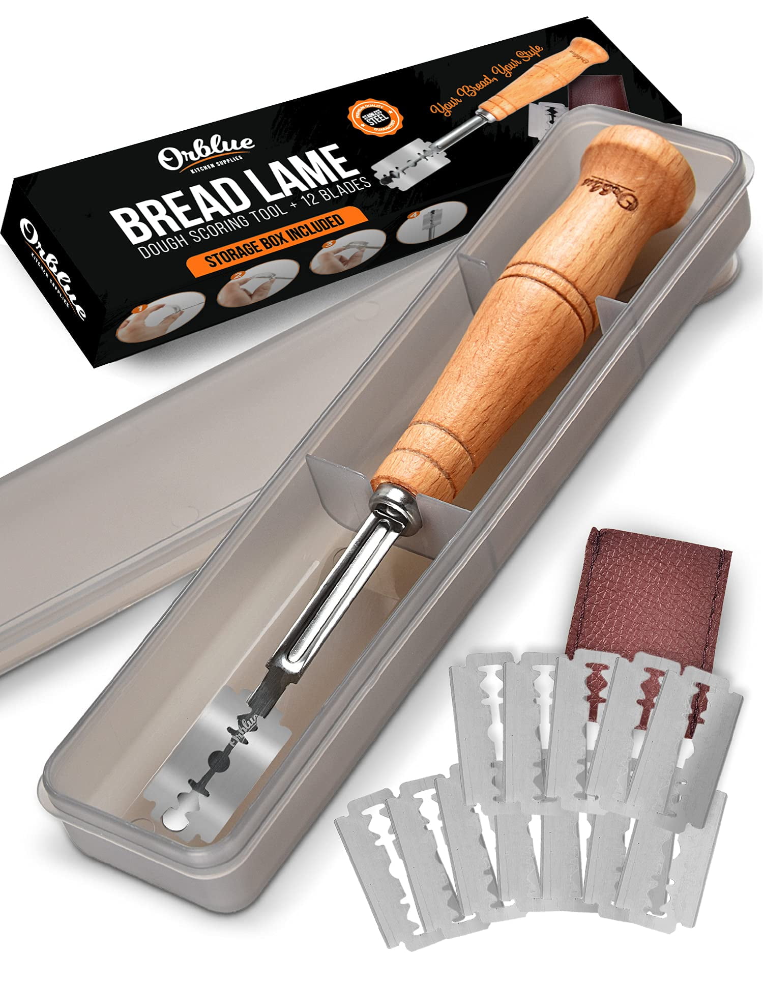 Orblue Bread Lame Steady Comfortable Dough Scoring Tool, Stainless Steel Kingly Wood