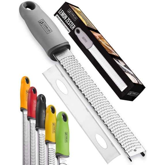 Orblue Lemon Zester & Cheese Grater - Premium Citrus Zester, Kitchen Grater for Parmesan, Chocolate, Fruits, Vegetables, Ginger, Garlic, Nutmeg - Stainless Steel Blades with Protective Cover, Gray