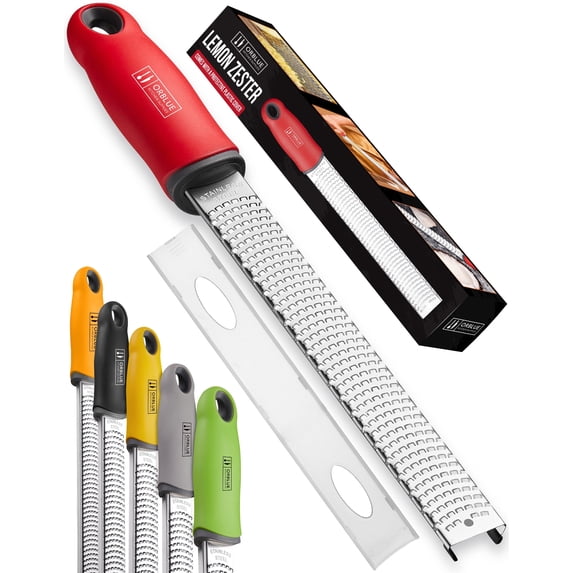Orblue Lemon Zester & Cheese Grater - Premium Citrus Zester, Kitchen Grater for Parmesan, Chocolate, Fruits, Vegetables, Ginger, Garlic, Nutmeg - Stainless Steel Blades with Protective Cover, Red
