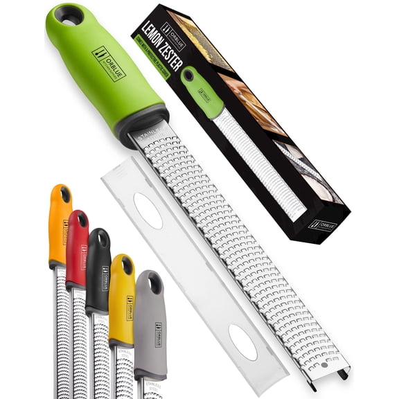 Orblue Lemon Zester & Cheese Grater - Premium Citrus Zester, Kitchen Grater for Parmesan, Chocolate, Fruits, Vegetables, Ginger, Garlic, Nutmeg - Stainless Steel Blades with Protective Cover, Green
