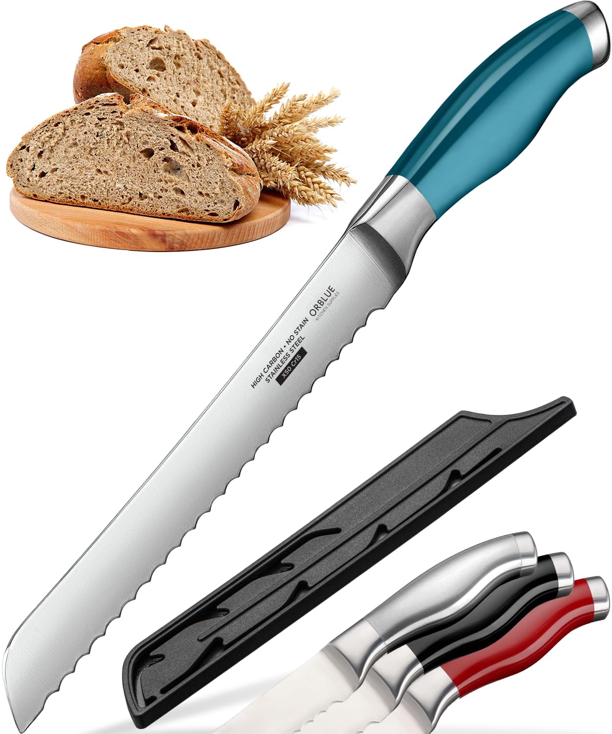 Orblue Serrated Bread Knife Ultra-Sharp Stainless Steel Professional Grade Bread Cutter - Cuts Thick Loaves Effortlessly - (8-Inch Blade with 5-Inch Handle), Blue