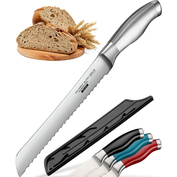 Orblue Serrated Bread Knife with Upgraded Stainless Steel Razor Sharp Wavy Edge Width - Bread Cutter Ideal for Slicing Homemade Bagels, Cake (8-Inch Blade with 5-Inch Handle)